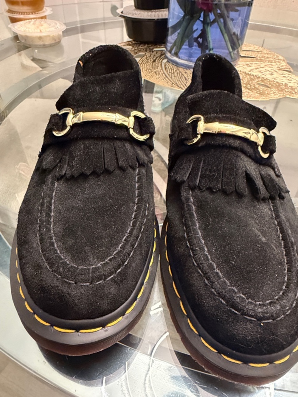 Dr. Martens Black Suede Kiltie Loafers with Gold Bit